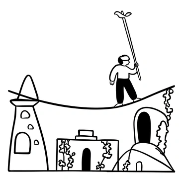 A funambulist crossing a tightrope with the backdrop of mysterious ancient ruins