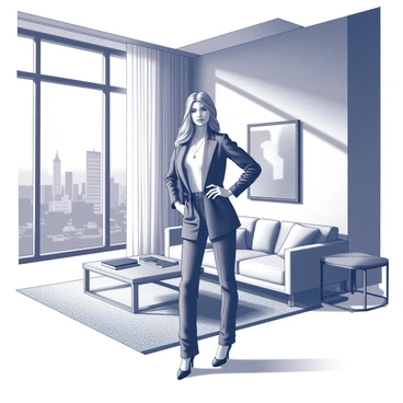 A model poses in a spacious penthouse setting, showcasing high-fashion attire. The walls are adorned with sleek, modern artwork. Large windows reveal a cityscape in the background. Dramatic lighting creates bold shadows across the scene. The model stands confidently on a plush area rug, surrounded by stylish furniture, including a contemporary sofa and an elegant coffee table. The atmosphere is sophisticated and upscale, emphasizing the luxurious environment.