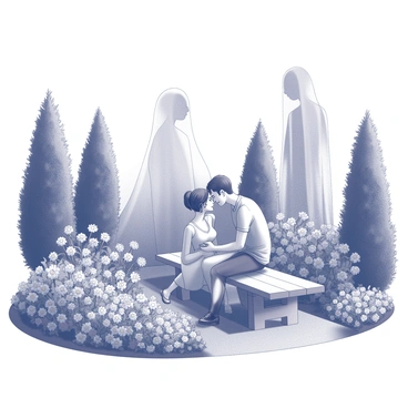 A hidden garden with a variety of blooming flowers, including roses, lilies, and daisies. The garden is enclosed by tall hedges, providing a sense of seclusion. In the center of the garden, a couple is seated on a wooden bench, sharing a moment of affection. They are surrounded by lush greenery and vibrant flowers, with the couple gazing into each other's eyes. In the background, a ghostly figure is partially transparent and ethereal, observing the couple from behind a tree, with long flowing garments blending into the surroundings. The atmosphere is serene, focusing on the connection between the couple and the watchful presence.