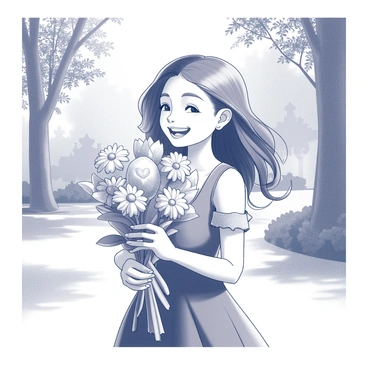 A girl stands in a park, smiling brightly. She holds a bouquet of flowers, featuring various shapes and sizes. The flowers are arranged in a way that showcases their diverse forms. The park is filled with trees and greenery, creating a vibrant atmosphere. Sunlight streams through the leaves, casting dappled shadows on the ground. The girl's hair flows gently in the breeze, complementing her joyful expression.
