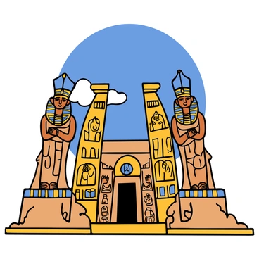 The entrance of an ancient Egyptian temple adorned with massive statues and columns