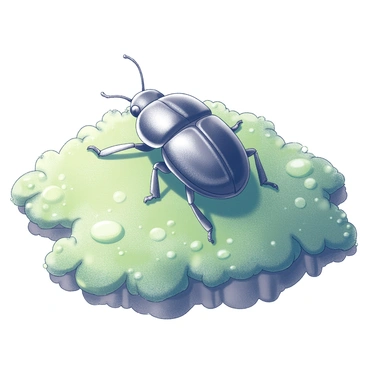 A beetle, with a shiny black shell and intricate patterns on its body, is crawling over a dense blanket of lush green moss. The moss is soft and thick, covering the ground with a rich texture. Tiny droplets of dew cling to both the moss and the beetle, catching the light. The beetle's legs are moving steadily, while its antennae are raised, sensing its environment. The scene captures the natural interaction between the beetle and its vibrant habitat.