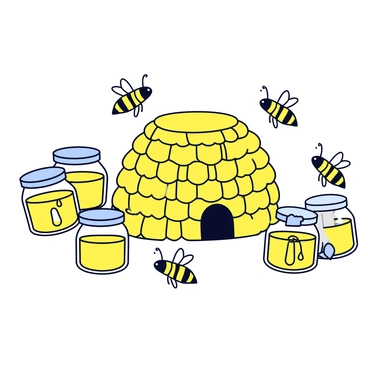 A detailed beehive with a textured exterior, composed of hexagonal cells. Around the beehive, several bees are buzzing, depicted with small wings and striped bodies. Nearby, there are jars of honey with golden liquid inside, some jars are open with honey dripping down the sides. The scene showcases the beehive in a natural setting, emphasizing the activity of the bees and the collection of honey.