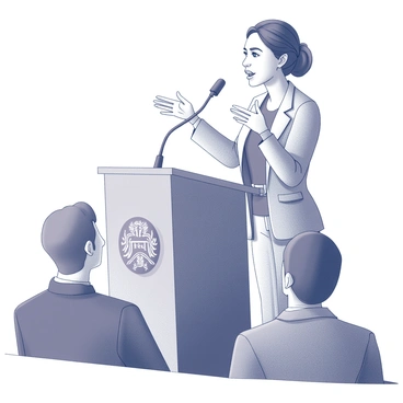 A woman standing confidently at a podium, delivering a passionate speech. She has dark hair pulled back and wears a formal outfit, projecting a sense of authority. Her hands are gesturing expressively as she emphasizes key points in her speech. The audience is attentive, with focused expressions, and a spotlight is illuminating the podium area. The backdrop features an emblem, showcasing the significance of the event.