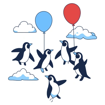 A group of five black and white penguins is floating through a cloudy sky, each holding onto a colorful balloon. The penguins are positioned at various heights, with their wings slightly spread as if they are gliding. The balloons are in shades of red and blue, contrasting with the soft white and gray clouds surrounding them. The sky is filled with fluffy clouds that create a whimsical atmosphere, adding to the playful scene of the penguins floating with joy.
