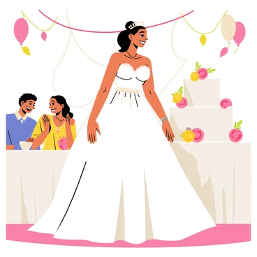 A cartoon bride standing confidently on a stage during the reception. The bride is wearing a flowing white wedding gown with lace details and a sparkling tiara on her head. Her hair is styled in an elegant updo, and she has a joyful expression on her face. In the background, colorful balloons and streamers decorate the venue, and there are tables covered with white tablecloths and floral centerpieces. Guests are seated at the tables, smiling and clapping for her. A large tiered wedding cake with decorative flowers stands nearby, adding to the festive atmosphere.