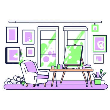 A spacious artist's studio filled with an array of prints adorning the walls. The prints display various designs and patterns, each uniquely framed. In the center of the room, there is a large easel holding a partially completed canvas. Around the easel, a selection of brushes, palettes, and a container with green and purple paint tubes is scattered across a wooden table. To one side, a cozy chair is positioned near a window, with sunlight streaming in and illuminating the room. On the floor, several rolls of paper and canvas are piled, adding to the creative atmosphere.