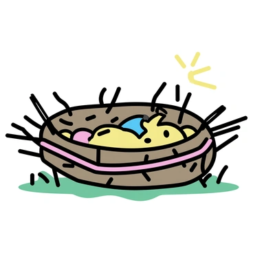 A nest, constructed from various twigs and vibrant threads, sits on a soft bed of grass. The twigs are arranged in a circular shape, forming the base of the nest. Brightly colored threads, intertwining through the twigs, create a striking contrast with the natural materials. The nest's texture is evident, with the threads giving it a playful appearance, while the twigs add a rustic touch. Sunlight casts gentle shadows on the grass beneath the nest, emphasizing its intricate design.