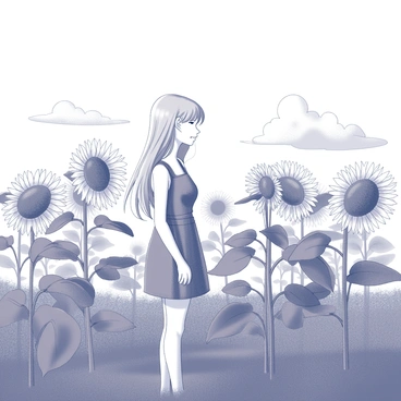 A girl with flowing hair is standing in a vast field filled with tall sunflowers. The sunflowers are in full bloom, with large, round heads turning towards the sun. The girl's hair appears to be gently swaying in the breeze, cascading down her shoulders. She is wearing a simple dress that reaches her knees, with the fabric rustling softly. The background is filled with an expansive sky, which has a few fluffy clouds drifting by. The sunflowers create a vibrant foreground, with their large green leaves and sturdy stems surrounding her.