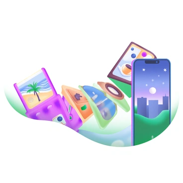 A modern pastel illustration depicting a line of colorful dominoes falling in a cascading motion. Each domino is designed with vibrant patterns, and as they topple, they transition into different scenes. The first scene features a sunny beach with a palm tree and waves, while the next shows a cozy cafe with outdoor seating and a steaming cup of coffee. Following that, another domino transitions to a bustling city skyline at dusk with twinkling lights. The final scene reveals a serene mountain landscape under a starry sky, creating a continuous flow of movement and change.