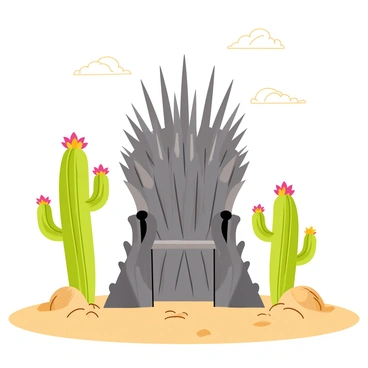 A large, imposing Iron Throne made of iron swords sits prominently in the foreground. The throne is surrounded by several tall green cacti with vibrant flowers blooming at the tops. A few tumbleweeds roll gently across the dry, dusty ground, adding to the wild west atmosphere. In the background, a vast open sky stretches overhead, with a few wispy clouds scattered throughout.