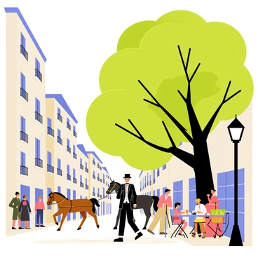 An illustration depicting a historical street in Montpellier during the 1800s. The scene includes cobblestone streets lined with tall, narrow buildings featuring ornate facades and balconies adorned with wrought iron railings. People dressed in period-appropriate clothing, such as men in top hats and tailcoats and women in flowing dresses, are walking or conversing. Horse-drawn carriages pass by, with horses trotting along the street. A large tree with lush green leaves stands in the corner, providing shade to a small café with tables outside, where patrons are enjoying their beverages. A streetlamp is positioned nearby, casting a warm glow over the lively scene.
