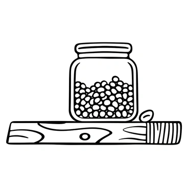 A glass jar filled with mustard seeds sits prominently on a wooden kitchen shelf. The jar is transparent, showcasing the round, small seeds inside, which are densely packed. The wooden shelf has a rustic finish, displaying visible grain patterns and texture. Light casts soft shadows around the jar, creating a subtle contrast against the shelf. Nearby, there are a few scattered mustard seeds on the shelf, adding to the composition.