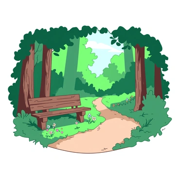 A serene forest path is surrounded by tall, lush green trees with sunlight filtering through the leaves. On one side of the path, there is a secluded wooden bench made of rustic timber. The bench faces a small clearing, with colorful wildflowers scattered around it. Soft moss covers the ground beneath the bench, creating a natural cushion. The path winds gently, inviting visitors to stop and rest in this tranquil spot for contemplation.