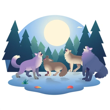 A pack of wolves with thick fur and sharp eyes is gathered in a clearing under a full moon. The wolves are in various poses, some howling with their heads tilted back, while others are crouched low with their ears perked up. The full moon casts a bright light, illuminating their fur and creating a stark contrast against the dark forest background. Shadows are formed by the trees surrounding the clearing, adding depth to the scene. The ground is covered in patches of grass and scattered leaves, reflecting the vibrant energy of the wolves.