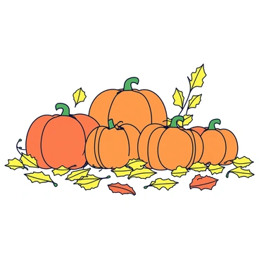 A background featuring a collection of pumpkins in varying sizes with a vibrant orange color. The pumpkins are scattered across the ground, surrounded by a layer of golden leaves that have fallen from nearby trees. The leaves are a mix of bright yellow and deep gold hues, creating a warm autumn atmosphere. A few small green vines intertwine with the pumpkins, adding a touch of greenery to the scene.