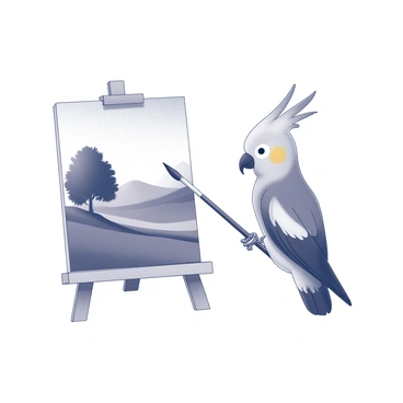 A cockatiel perched on a small easel. The bird is gripping a paintbrush with its beak, while its wings are slightly spread as if ready to apply paint. In front of the cockatiel is a canvas displaying a landscape, which features a rolling hillside and a large tree. The scene is filled with broad strokes and textures, suggesting a lively and colorful composition. The cockatiel is focused on its work, adding details to the landscape with careful precision.