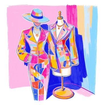 An outfit features a tailored jacket decorated with geometric patterns and angular shapes, reflecting the essence of "art deco" and "cubism". The jacket is complemented by a fitted skirt adorned with intricate designs that emulate the bold lines and vibrant colors typical of these styles. The ensemble is completed with accessories such as a wide-brimmed hat and geometric-shaped earrings, both showcasing a mix of metallic and colorful accents. The outfit is displayed on a mannequin positioned against a simple backdrop, allowing the details to stand out.
