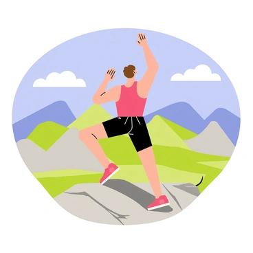 A person performing standing side crunches on a mountaintop. The individual has short brown hair and is wearing a bright red tank top and black athletic shorts. They are in a balanced position with one arm reaching above their head while the other arm rests on their hip. The background features a panoramic view of green valleys and distant gray mountains under a clear blue sky, with a few fluffy white clouds scattered throughout. The sunlight casts soft shadows on the rocky ground beneath their feet.