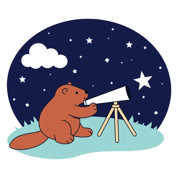 A beaver sitting on a grassy patch, looking through a telescope. The telescope is positioned on a small wooden tripod, pointing towards a starry sky filled with twinkling stars. The beaver has a focused expression, and its fur is a warm brown color. The night sky is dark and dotted with various sizes of bright white stars. A few fluffy clouds can be seen drifting by. The scene conveys a sense of calmness and wonder.
