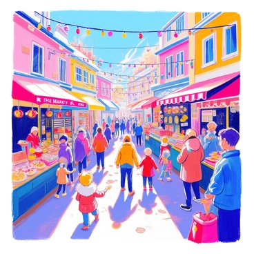 A bustling outdoor market is filled with colorful stalls displaying a variety of goods. Each stall has bright awnings and vibrant signage, showcasing items such as fresh fruits, handmade crafts, and festive decorations. Cheerful holiday decorations are hung overhead, including strings of colorful lights and garlands. People of different ages and backgrounds are walking around, some stopping to browse or chat. A vendor behind one stall is handing samples to a customer, while children are playing nearby. The atmosphere is lively with the sounds of laughter and conversation.