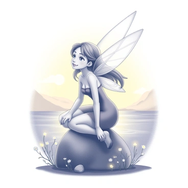 A fairy with delicate, shimmering wings is perched on a small rock amidst a natural setting. The fairy has flowing hair that cascades down her back, and she is gazing contentedly into the distance. The background features a soft horizon line, where the sun is low, casting golden light across the scene. The fairy's dress appears to be made from natural elements, blending with the surroundings. There are small flowers and plants around her, adding to the whimsical atmosphere. The image captures the tranquil moment as the day transitions into evening.