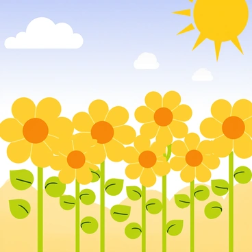 An expansive field filled with vibrant yellow sunflowers with large round heads tilted towards the bright yellow sun. Each sunflower stands tall with green leaves surrounding their stems. The background features a clear blue sky, showcasing a few fluffy white clouds scattered across it, emphasizing the sunny day. The image captures the cheerful atmosphere of the sunflower field under the radiant sunlight.