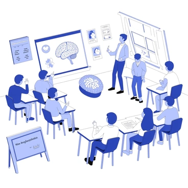 A classroom scene where students are learning about the amygdala with posters and models around them.