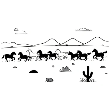 A herd of wild horses running with powerful strides across a vast desert landscape. The horses are depicted in various poses, some kicking up dust as they gallop. The arid terrain features scattered rocks and tufts of dry grass. In the distance, there are distant mountains creating a horizon line, with gentle undulations in the desert floor. The sky above is expansive, with a few wispy clouds. The scene captures the dynamic movement of the horses in a natural environment.