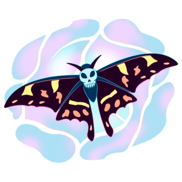 A detailed death's-head hawkmoth with striking patterns on its wings. The moth's body features a distinct skull pattern on its thorax. The wings are wide and elongated, showcasing intricate designs of dark browns, yellows, and blacks. The background is filled with a blur of softly blended colors, enhancing the vibrancy of the moth. The overall composition captures the unique characteristics of the moth in a visually engaging manner.