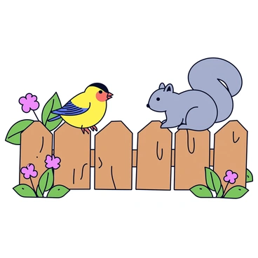 A small, colorful finch perched on one side of a wooden garden fence. The finch has bright yellow feathers and a distinctive black cap on its head. On the opposite side of the fence, a fluffy gray squirrel sits with its bushy tail curled behind it. The squirrel has bright eyes and is slightly leaning forward, curious about the finch. The wooden fence is weathered, with visible knots and textured grains, and the background features green foliage and blooming flowers.