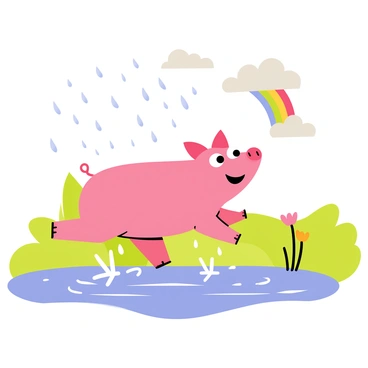 A cartoon-style illustration of a pink pig with big, expressive eyes joyfully jumping in a series of puddles. The pig is splashing water everywhere as it leaps, with droplets frozen in mid-air around it. The background features a vibrant green landscape with lush grass and a few colorful flowers. Above, the sky is filled with fluffy gray clouds releasing a refreshing summer rain shower. Small rain droplets are visibly falling, creating ripples in the puddles, and a rainbow begins to emerge in the distance.
