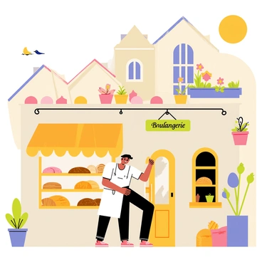 A boulanger opening the bakery shop as the sun rises in a quaint neighborhood