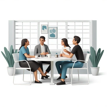A group of four office workers sitting around a sleek, modern table in a break room. Two women are chatting, one wearing a blue blouse and black skirt while the other is in a white shirt and navy trousers. A man in a grey suit is pouring coffee from a stylish carafe, and another man, dressed in a casual black shirt and jeans, is laughing while holding a sandwich. The room has large windows allowing natural light to stream in, and there are potted plants in the corners, adding a touch of greenery. The walls are painted a soft gray, and contemporary art pieces hang prominently on display.