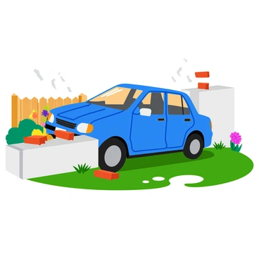 A car that has crashed through a low garden wall