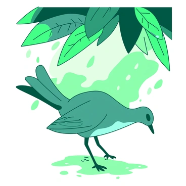 A teal fantail is shaking off raindrops while standing beneath a large green leaf canopy. The bird's feathers glisten with water droplets, and it has its tail spread out wide. The background features soft blurred greenery, giving a sense of the gentle rain falling around the scene. The ground is speckled with small puddles reflecting the leafy canopy above. The atmosphere conveys a quiet, tranquil moment in nature.