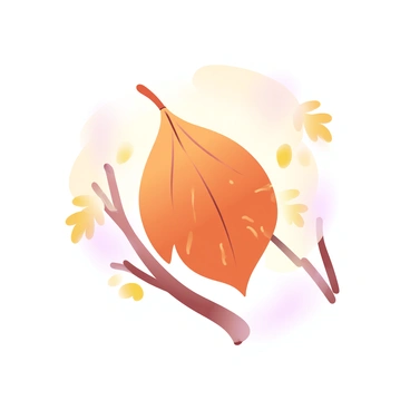 A single autumn leaf in a warm shade of orange is suspended in mid-air, capturing a moment as it detaches from a branch of a tree. The leaf has a textured surface with delicate veins visible, reflecting the sunlight that filters through the surrounding foliage. The background features a soft gradient of pastel colors, blending warm yellows and light browns, evoking the essence of an autumn day. The scene conveys a sense of tranquility and the natural beauty of the changing seasons.