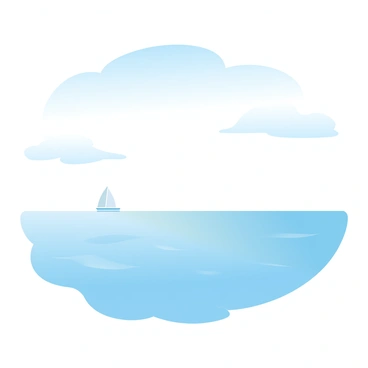 A tranquil ocean surface stretches to the horizon, reflecting shades of blue and green. The water is calm, with gentle ripples creating soft patterns on the surface. Above, a clear sky transitions from light blue near the horizon to a deeper blue overhead, with a few wispy clouds scattered throughout. The sun is positioned high, casting a warm glow on the water. A distant sailboat is visible on the horizon, adding a sense of scale to the expansive scene.