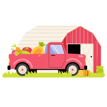 A red truck with a shiny exterior is filled with various freshly harvested produce. The truck is parked in front of a wooden barn with a weathered appearance. Surrounding the truck are colorful vegetables including carrots, tomatoes, and cucumbers spilling slightly over the sides. The barn has a red and white color scheme, with a large door slightly ajar, revealing hints of farm equipment inside. Green grass covers the ground around the truck, and there are a few scattered hay bales nearby.