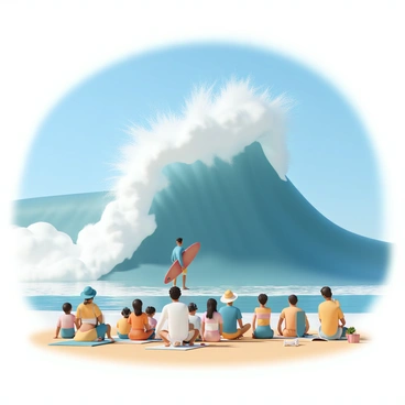 A surfer, wearing a blue wetsuit and a red surfboard, is balancing skillfully on a towering, crashing wave. The wave is a deep blue with white froth and spray erupting from its crest. In the foreground, a crowd of onlookers is gathered on the sandy beach, some sitting on beach towels and others standing, all watching intently. The onlookers are dressed in colorful summer attire, with hats and sunglasses, while the sun casts bright light over the scene. The sky above is clear and blue, complementing the vibrant atmosphere of the moment.