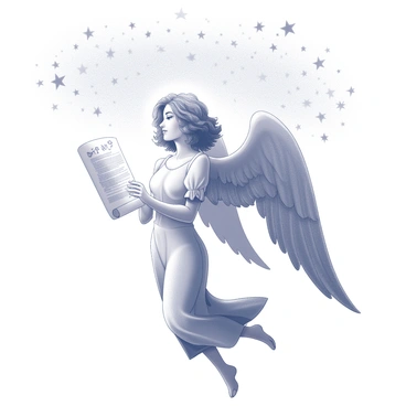An angel with large, detailed wings stands in a serene posture. The angel is holding a glowing scroll in one hand, with the scroll unfurling slightly, revealing intricate designs and symbols. The angel's attire is flowing and elegant, with soft folds and draping fabric. Above, a starlit sky is filled with numerous small stars, twinkling brightly against the darkness. The overall scene conveys a sense of peace and wonder, with the angel positioned as if in mid-flight.