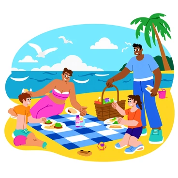 A family of four is enjoying a picnic on a sunny beach. The mother is spreading out a vibrant blue and white checkered picnic blanket on the golden sand. The father is setting down a large wicker basket filled with colorful wrapped sandwiches, fresh fruits, and beverages. The children, a boy and a girl, are excitedly arranging plates featuring a mahi-mahi themed meal, with grilled fish fillets garnished with bright green herbs and slices of lemon. Nearby, there is a beach ball and a small bucket and spade for building sandcastles. The ocean waves crash gently in the background, and a few seagulls fly overhead. There are palm trees swaying slightly in the warm breeze.