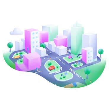 A broad 2D flat illustration of a city seen from above. The cityscape features a grid of buildings in various pastel colors, including soft pink, light blue, and mint green. Tiny cars are depicted in bright colors, such as red, yellow, and blue, moving along the streets. Small figures representing people are scattered throughout, some walking on sidewalks and others waiting at crosswalks. Trees with rounded tops and small parks are interspersed among the buildings, adding a touch of greenery to the urban landscape.