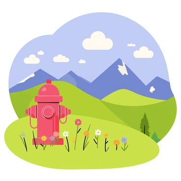 A solitary red fire hydrant positioned on a grassy slope. The fire hydrant has a shiny metallic surface reflecting sunlight. In the background, a breathtaking mountain vista rises with towering peaks and lush green valleys. The sky above is bright blue with fluffy white clouds scattered throughout, adding to the vibrant scenery. The foreground is dotted with short wildflowers in various colors, enhancing the natural beauty of the landscape.