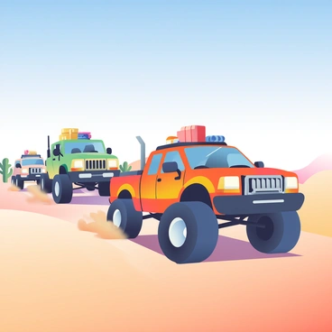 A caravan of travelers is moving across a vast desert landscape. The vehicles are heavily modified, showcasing rugged features such as oversized wheels, reinforced frames, and unique paint jobs. Dust is being kicked up by the vehicles as they traverse the sandy terrain. In the foreground, a bright orange truck with a raised suspension leads the way, followed closely by a green off-road vehicle adorned with various gear on its roof. The sky above is a clear blue, and the sun casts long shadows on the sand, highlighting the ripples in the dunes.