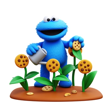 A blue Cookie Monster character with fluffy fur, wearing a cheerful expression, is tending to a garden. He is surrounded by vibrant green plants, with various types of cookies growing on their stems. There are chocolate chip cookies, oatmeal raisin cookies, and sugar cookies among the leafy foliage. Cookie Monster is holding a small watering can, and a few cookies are scattered at his feet. The sky above is clear, allowing sunlight to illuminate the whimsical scene.