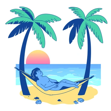 A blue Shugao figure is comfortably lounging on a yellow hammock stretched between two tall palm trees. The palm trees have lush green fronds and are swaying gently in a light breeze. In the background, the sun is setting over a calm ocean, creating a beautiful gradient in the sky. Soft waves are lapping at the shoreline, and scattered seashells can be seen in the warm sand below the hammock. The Shugao figure has a relaxed expression, enjoying the peaceful atmosphere of the tropical beach.