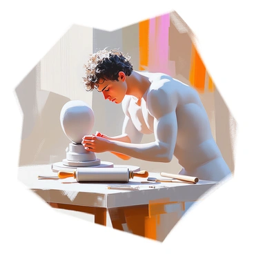 An artist sculpting a clay model with detailed muscles