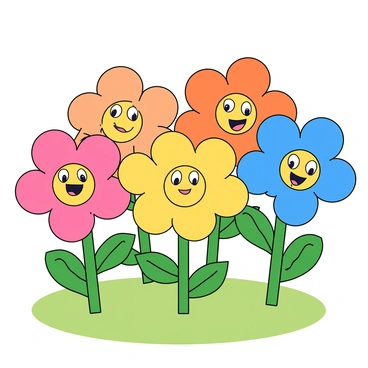 A vibrant group of flowers with colorful petals, each adorned with tiny, cartoonish feet. The flowers sway playfully in the gentle breeze, with some leaning slightly to one side as if laughing. The petals are in shades of pink, yellow, and blue, and they are arranged in a circular formation. Each flower has a cheerful, smiling face, with wide eyes that sparkle. The background features a soft green grass field, enhancing the lively atmosphere of the dancing flowers.