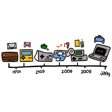 A timeline illustration showing the evolution of video game consoles. The timeline runs horizontally across the image, segmented by decades. Each segment features iconic video game consoles from the respective era. In the 1970s, a classic wood-paneled console with knobs is depicted. In the 1980s, a colorful console with a cartridge slot and rectangular design is shown alongside a prominent controller. The 1990s segment highlights a sleek, compact console with curved edges and a disc tray. The 2000s features a modern console with a glossy finish and wireless controllers. The latest segment displays a cutting-edge console with a futuristic design and virtual reality headset. Each console is labeled with its name and release year, surrounded by small graphics of popular games associated with each era. The background is simple, focusing attention on the timeline and consoles.